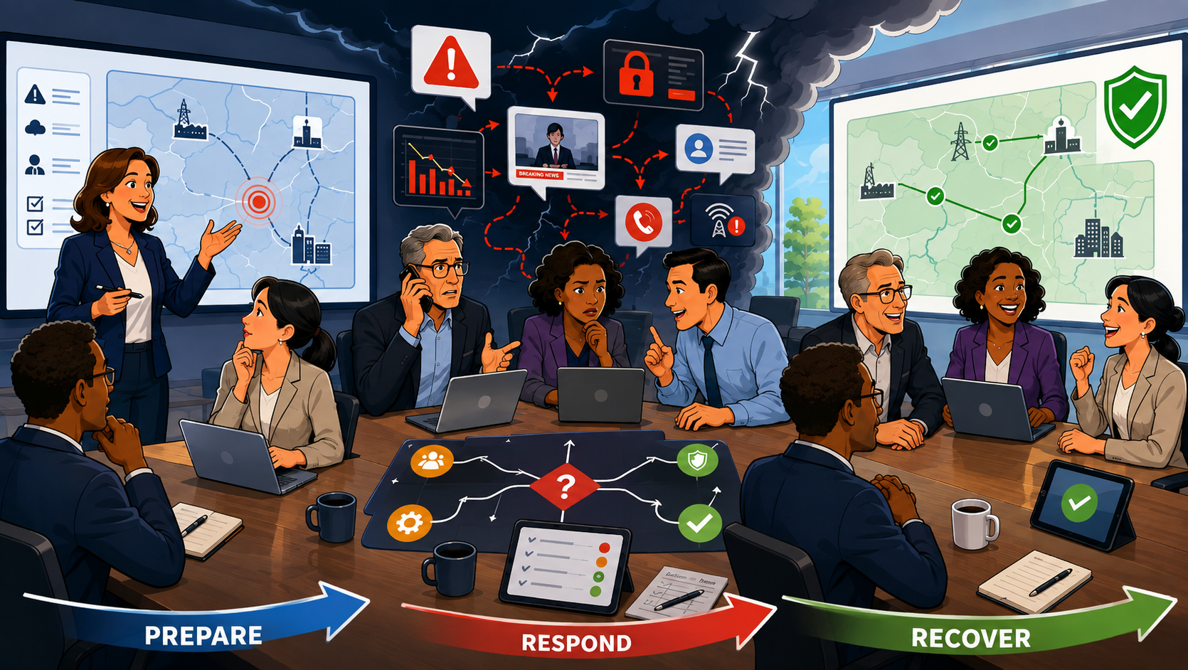 A leadership team around a boardroom table during a crisis exercise, under a storm of alerts, breaking news and missed calls, with three arrows running along the bottom of the table marked Prepare, Respond and Recover